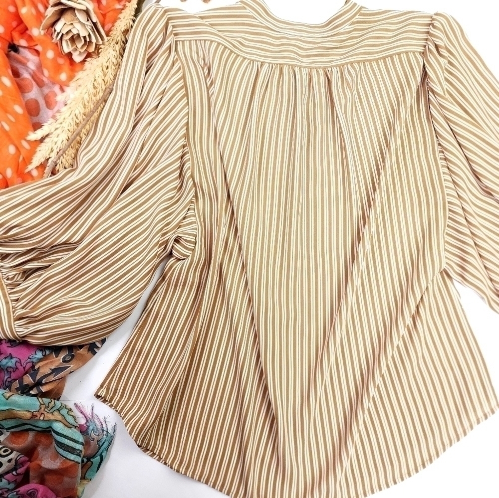 🔴 Calvin Klein Camel Tan Cream Striped Bubble Sleeve Top Sz M - Picture 11 of 11